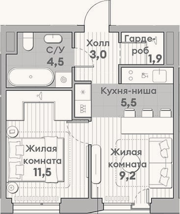 Планировка: 2-к, 35,6 м²
