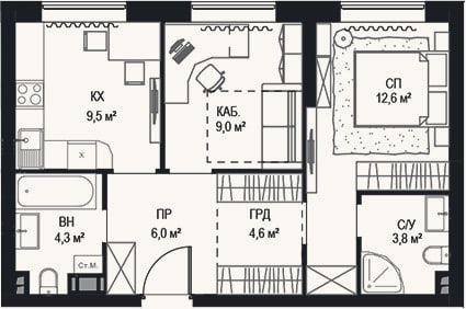 Планировка: 2-к, 51,1 м²