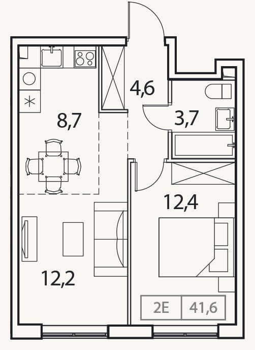 Планировка: 2-к, 41,6 м²