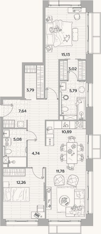 Планировка: 3-к, 80,1 м²