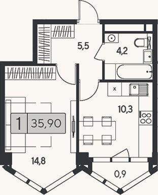 Планировка: 1-к, 35 м²