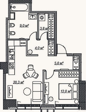 Планировка: 2-к, 54,1 м²