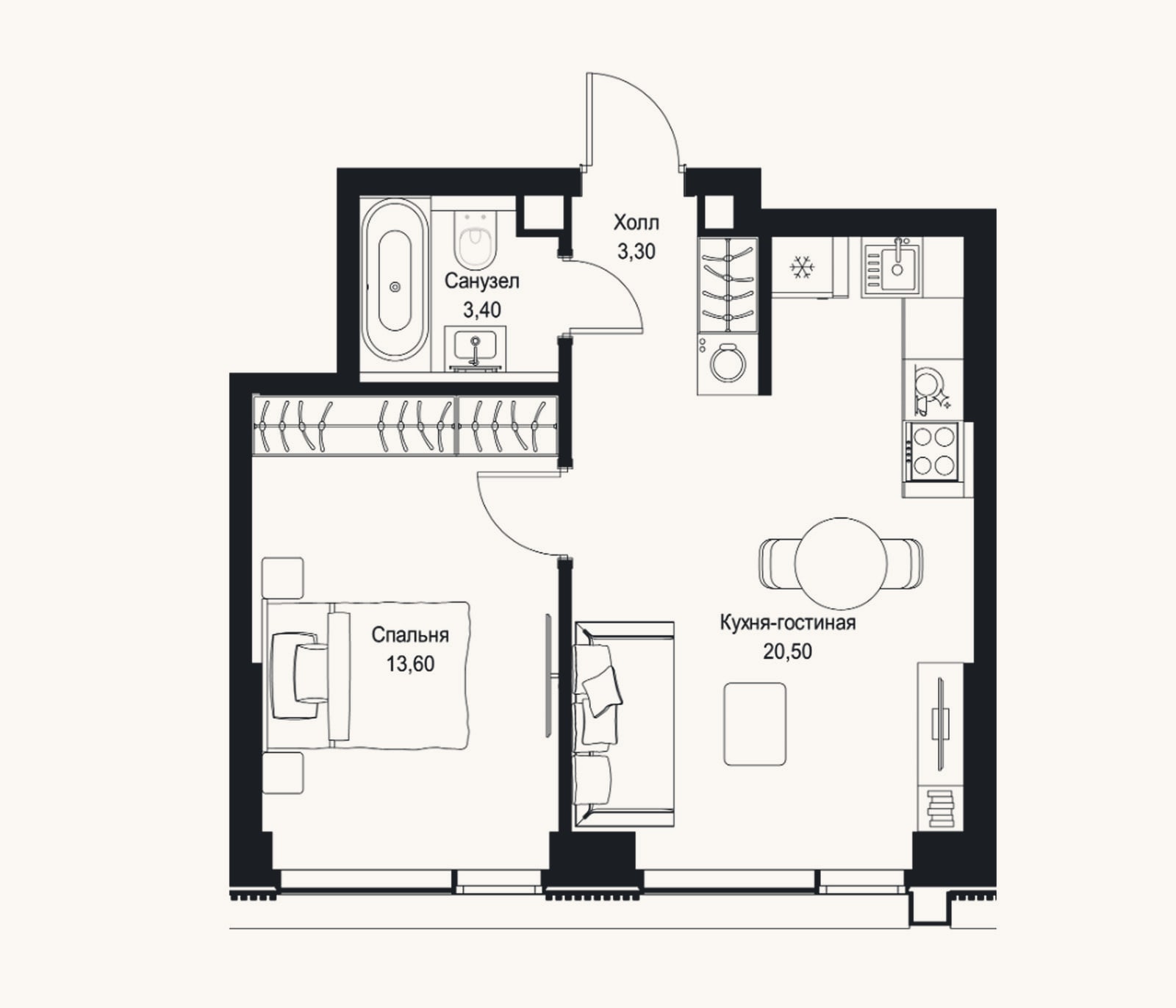 Планировка: 2-к, 40,8 м²
