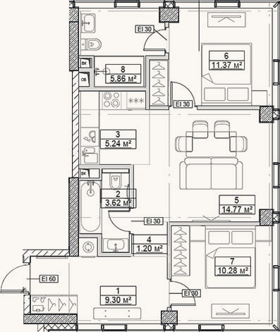 Планировка: 3-к, 61,6 м²