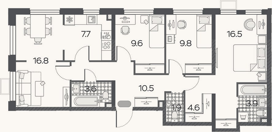 Планировка: 4+ к, 84,9 м²