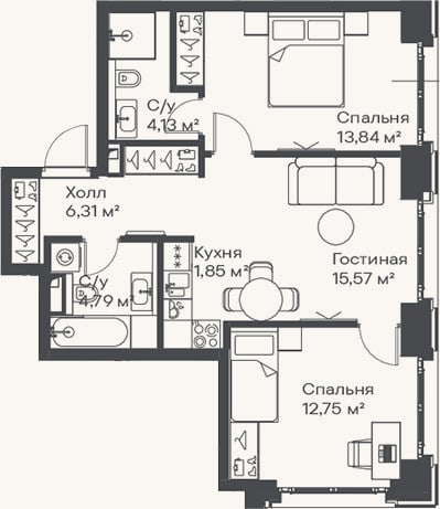Планировка: 3-к, 59,2 м²