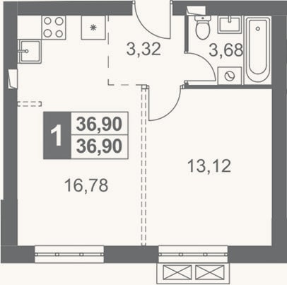 Планировка: 1-к, 36,9 м²