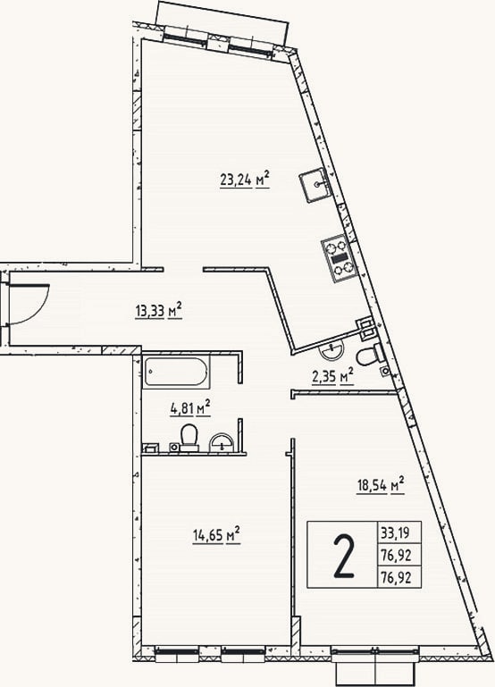 Планировка: 2-к, 77 м²