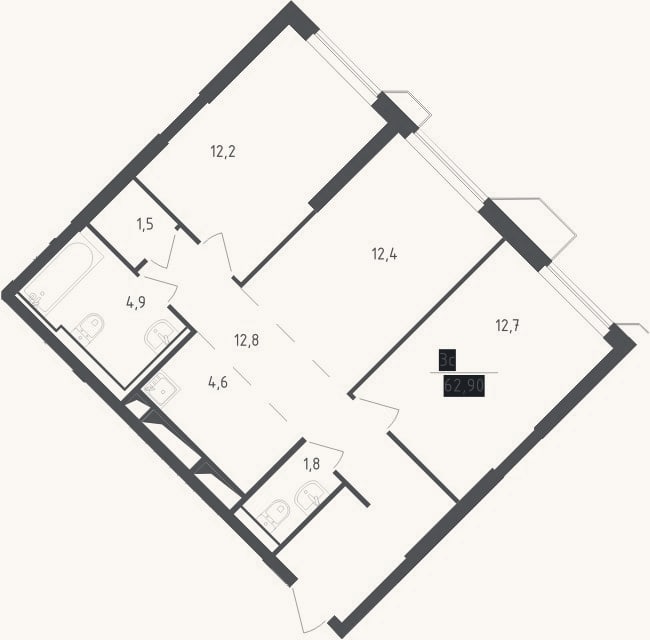 Планировка: 3-к, 62,9 м²