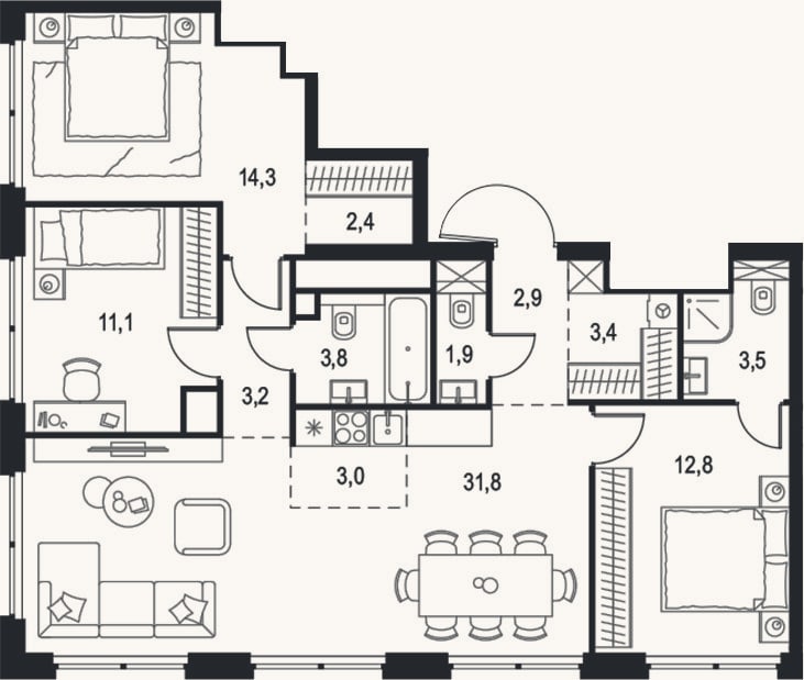 Планировка: 4+ к, 94,1 м²