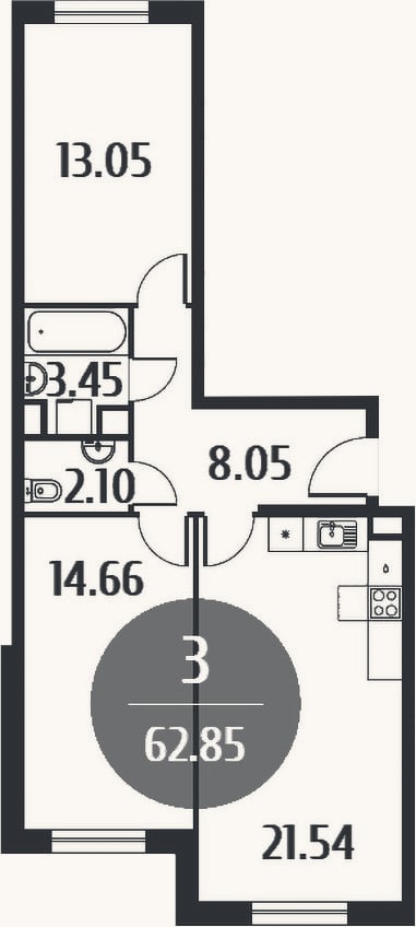 Планировка: 3-к, 62,7 м²