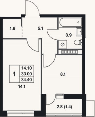 Планировка: 1-к, 33 м²