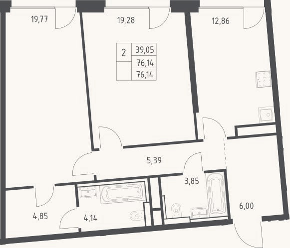 Планировка: 2-к, 76,1 м²