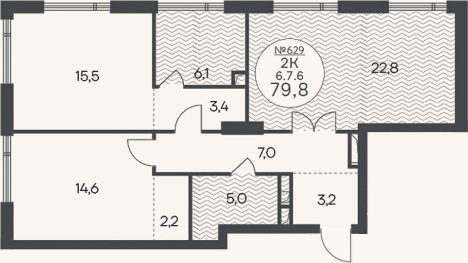 Планировка: 2-к, 79,8 м²