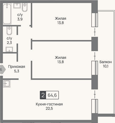 Планировка: 3-к, 61,6 м²