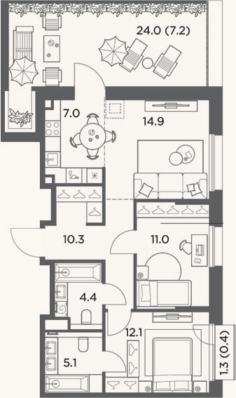 Планировка: 3-к, 64,8 м²