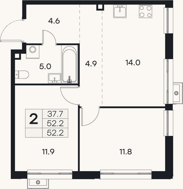Планировка: 2-к, 52,2 м²