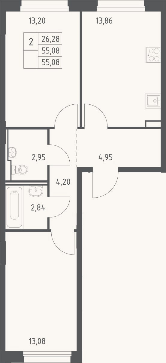 Планировка: 2-к, 55,1 м²
