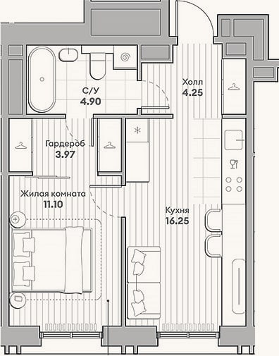 Планировка: 1-к, 40,5 м²