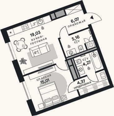 Планировка: 1-к, 53,9 м²