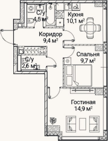 Планировка: 2-к, 50,9 м²