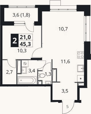 Планировка: 2-к, 43,5 м²