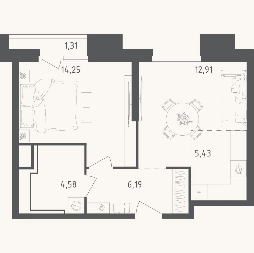 Планировка: 2-к, 43,4 м²