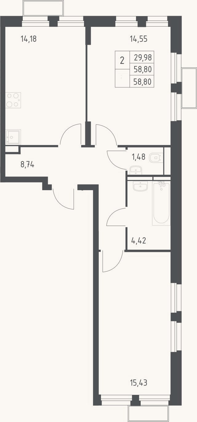 Планировка: 2-к, 58,8 м²