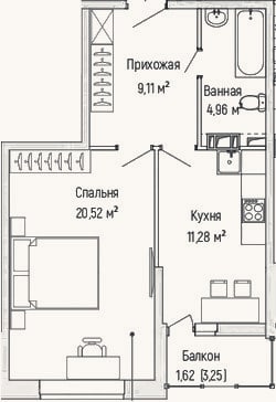 Планировка: 1-к, 45,9 м²