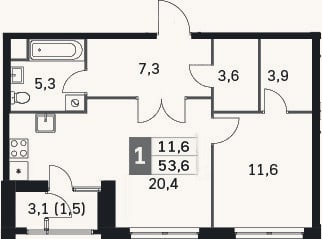 Планировка: 2-к, 50,1 м²
