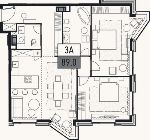 Планировка: 3-к, 89 м²