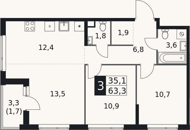 Планировка: 3-к, 61,6 м²