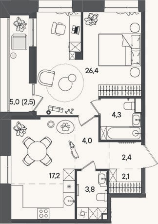 Планировка: 2-к, 60,2 м²