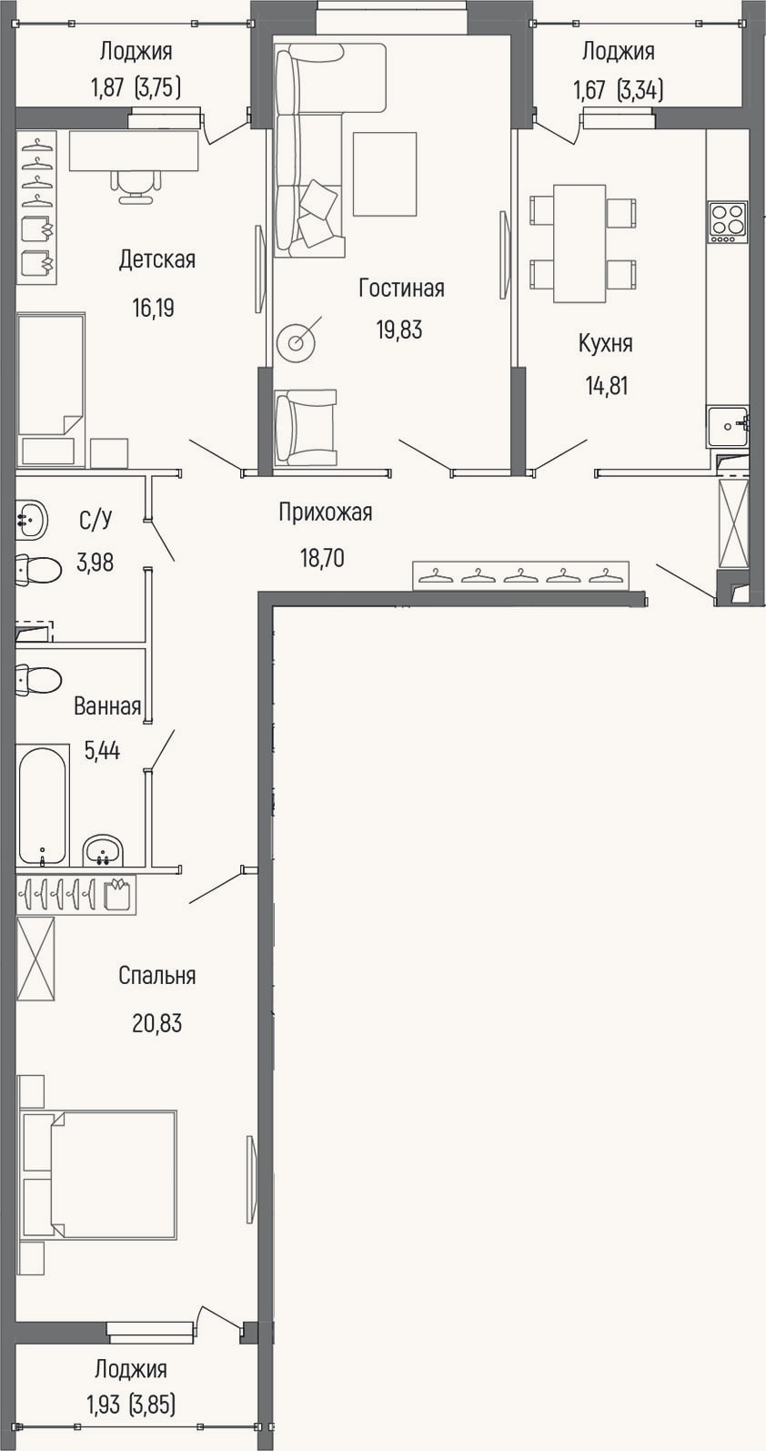 Планировка: 3-к, 99,8 м²