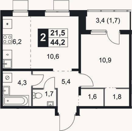 Планировка: 2-к, 42,5 м²