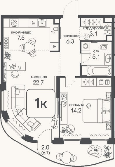 Планировка: 1-к, 58,9 м²