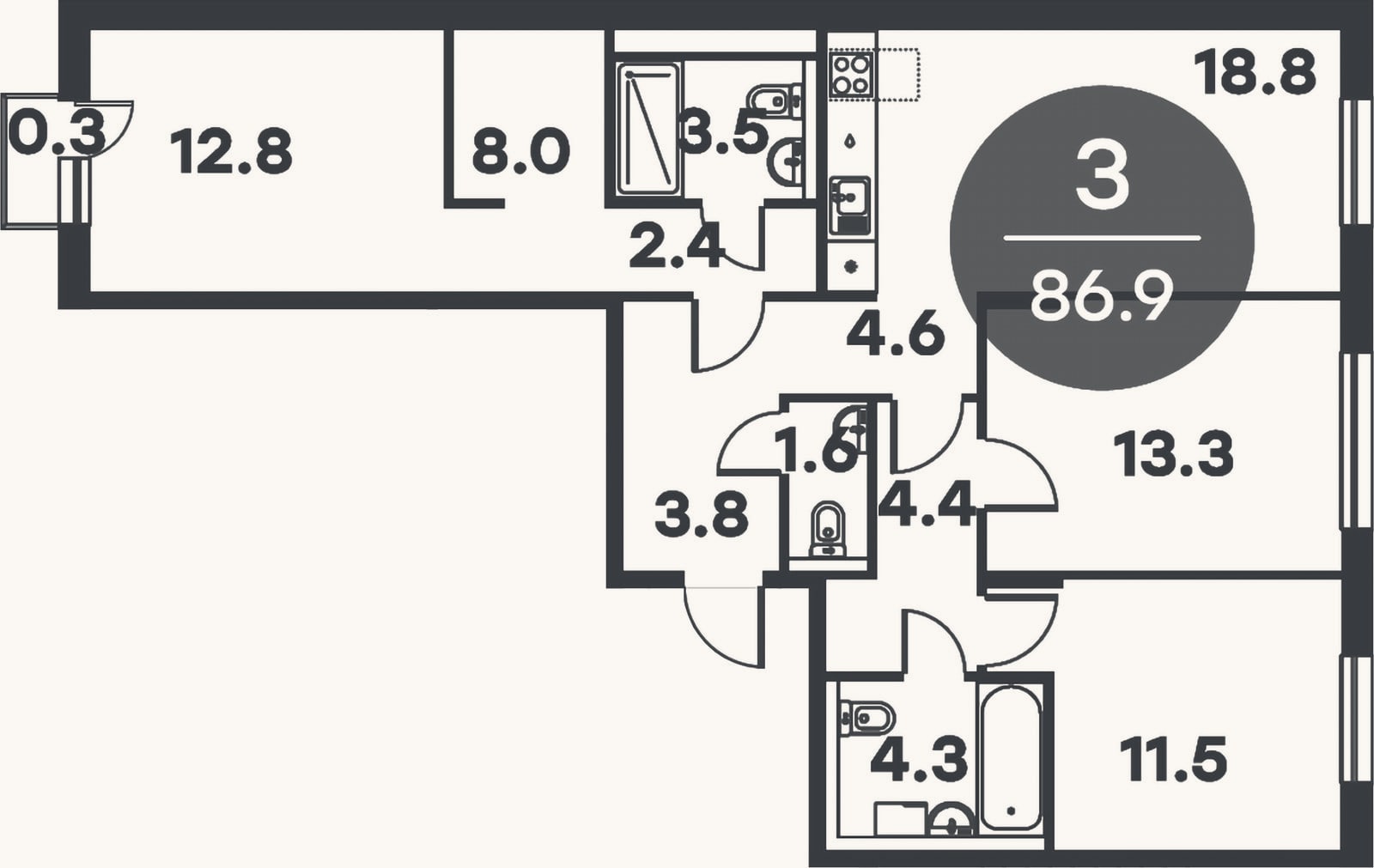 Планировка: 3-к, 86,6 м²