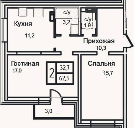 Планировка: 2-к, 59,3 м²
