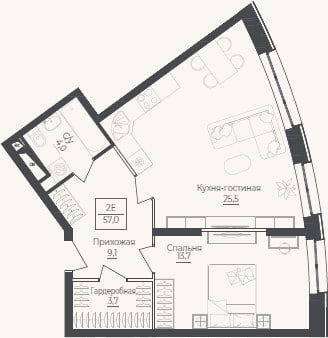 Планировка: 2-к, 57 м²