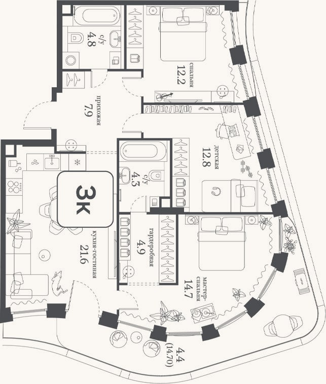 Планировка: 3-к, 83,2 м²