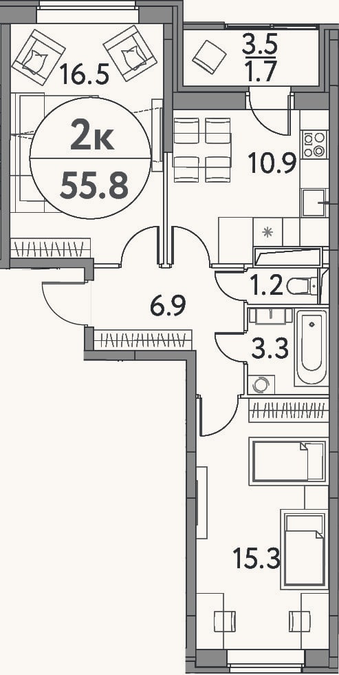 Планировка: 2-к, 54,1 м²