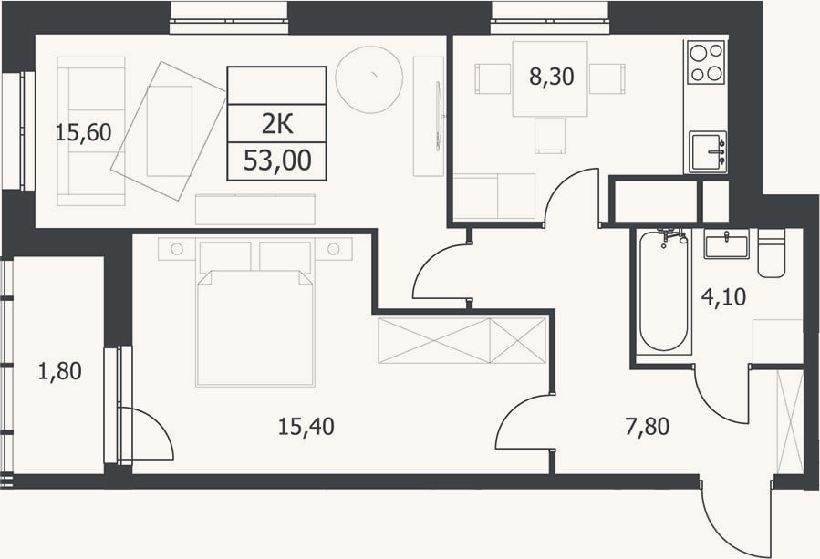 Планировка: 2-к, 51,2 м²