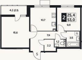 Планировка: 2-к, 50,9 м²