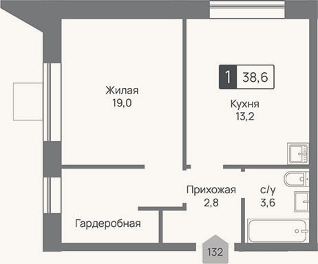 Планировка: 1-к, 38,6 м²