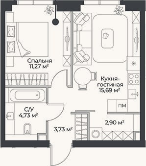 Планировка: 2-к, 38,3 м²