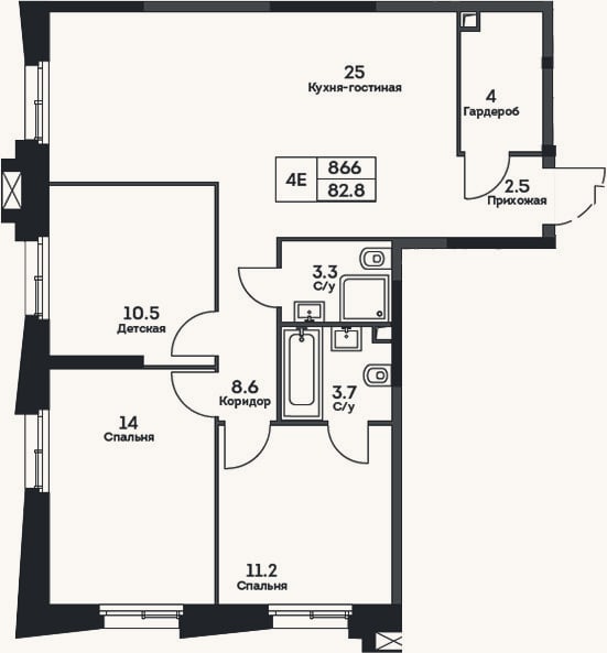 Планировка: 4+ к, 82,8 м²