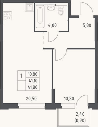 Планировка: 2-к, 41,1 м²