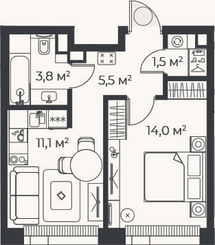 Планировка: 2-к, 35,9 м²