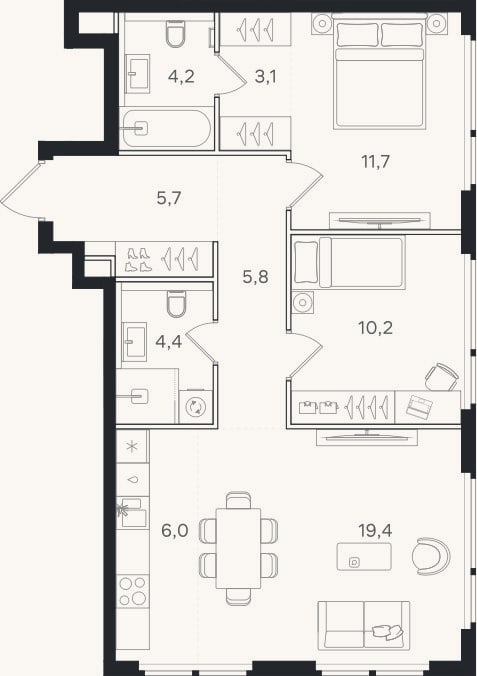 Планировка: 3-к, 70,5 м²