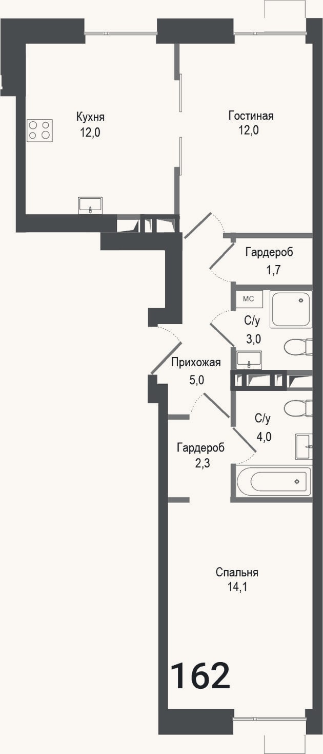 Планировка: 2-к, 54,1 м²